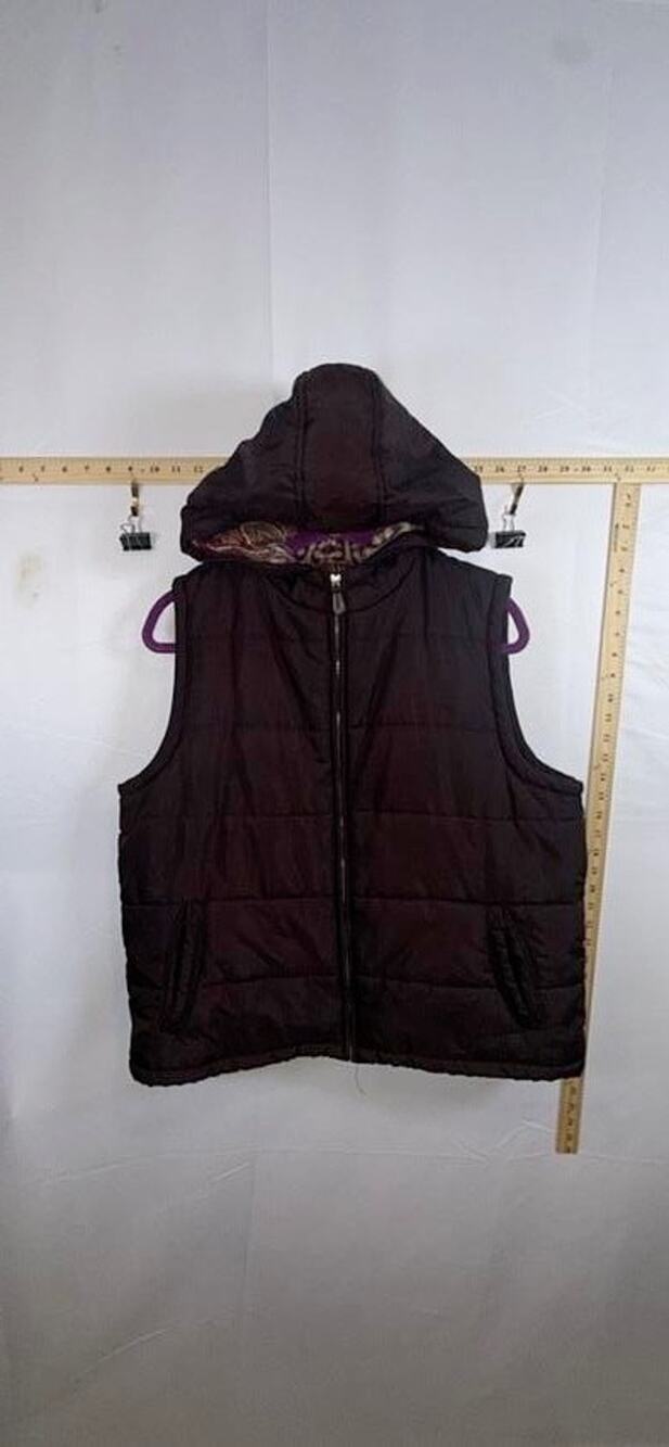 George ME Mark Eisen Puffer Vest XL 16/18 Dark Brown Angora Hooded Warmer Gilet